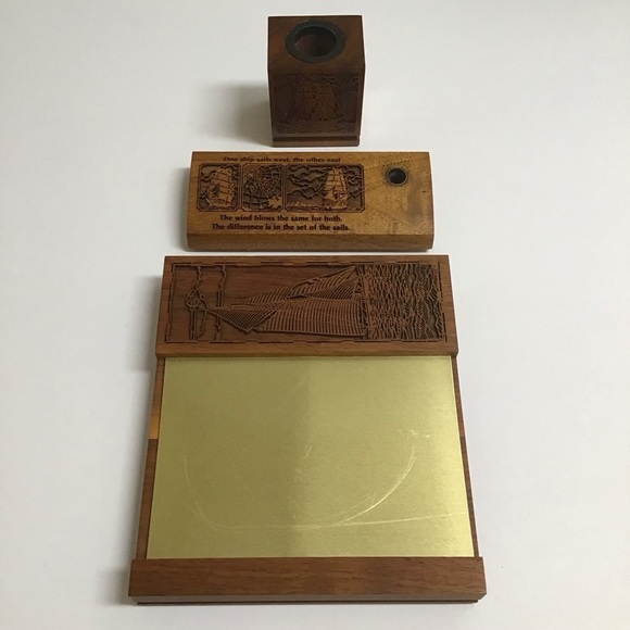 Walnut Desk SET Sailing Laser Engraved Note Pad Paper Clip Pen Holder Vintage - Picture 3 of 16